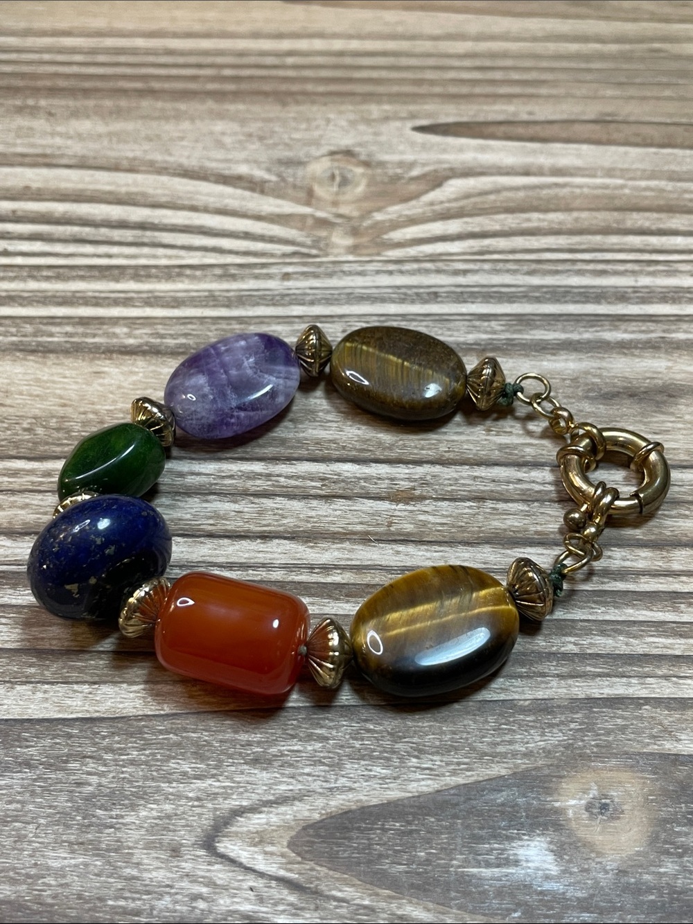 Multicolor Semi-Precious Stone Bracelet with Gold Accents Size 7.5